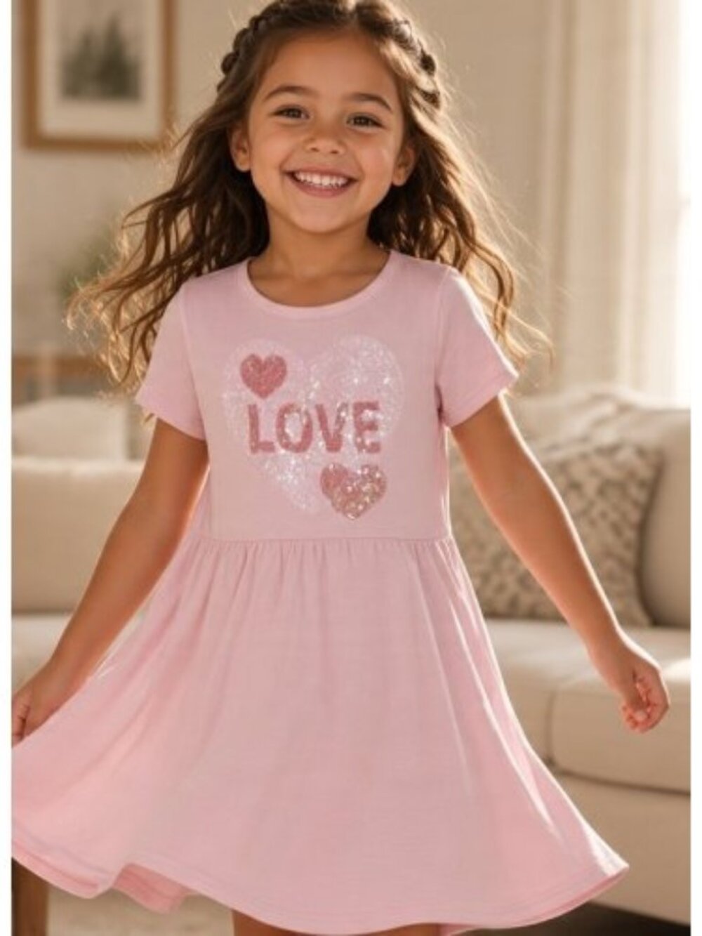 BTWEEN Pink Sequined LOVE Open Back Short Sleeved Dress Girls Size 6